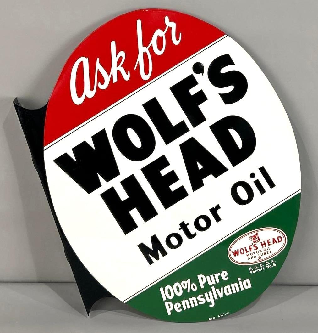 NOS Ask For Wolf's Head Motor Oil Tin Flange Sign (1 of 9)