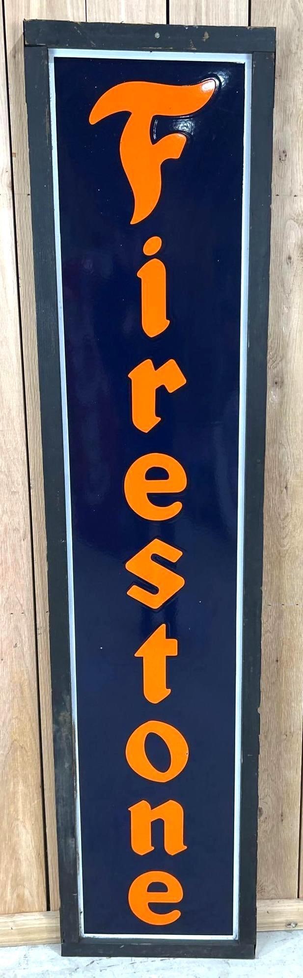 Firestone Single-Sided Porcelain Sign W/ Original Metal Banded Frame: (Rated 9.0). 17" x 74". This SSP features vivid color and gloss throughout. Sign shows a very minor porcelain chip on the letter "O" and other very minor flea bites. Outer edge has notable surfac