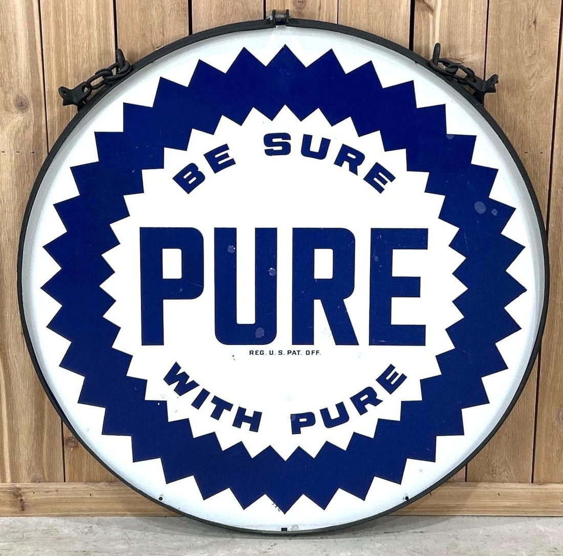 Be Sure With Pure w/Sawtooth Logo Porcelain Sign (TAC): rated 8.5, 42"D., the DSP sign has very good color and gloss. Sign has small touched up chips in the fields. Mounted in a metal ring. Rarity 3. TAC #061488