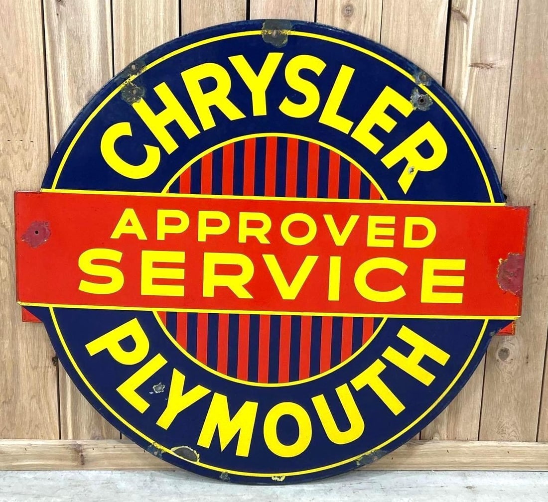 Chrysler Plymouth Approved Service Porcelain Dealership Sign (TAC): rated 8.25, 42"x45", the DSP diecut sign has good color and gloss, field is clean, has extra holes in each wing and at the top, chips at the mounting holes. TAC #059414