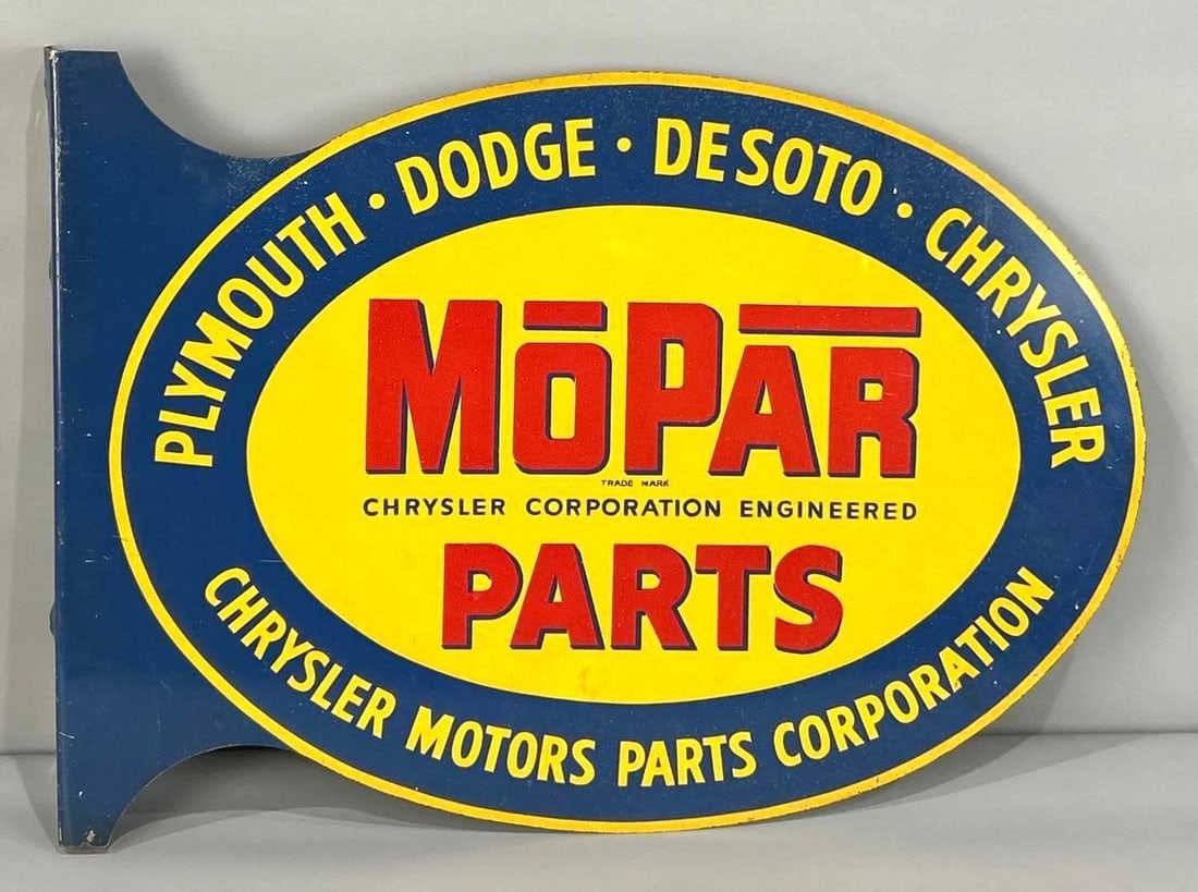 Mopar Parts Painted Metal Flange SIgn: (Rated 8.75, 8.75) 17" x 24". This DST sign has good color throughout both sides. Display shows swirling surface scratches throughout, with deep scratches on the perimeter. Reverse side has slightly b