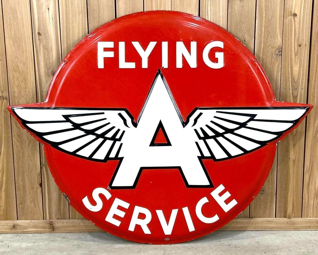 Flying A Service Embossed Porcelain Sign W/ Chicken Wing Logo: Rated 8.9. 48" dia. This SSP sign shows ggod color and shine. Field shows minor porcelain chips surrounding the "A". Outer edge has minor porcelain loss. Rarity 6. TAC # 061808