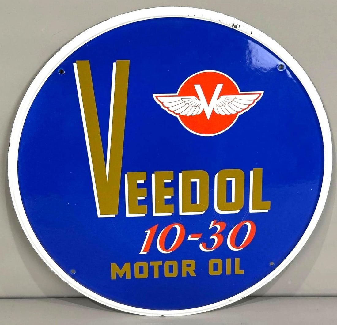 Veedol 10-30 Motor Oil Self-Framed Porcelain Sign W/ Logo Graphic (1 of 5)