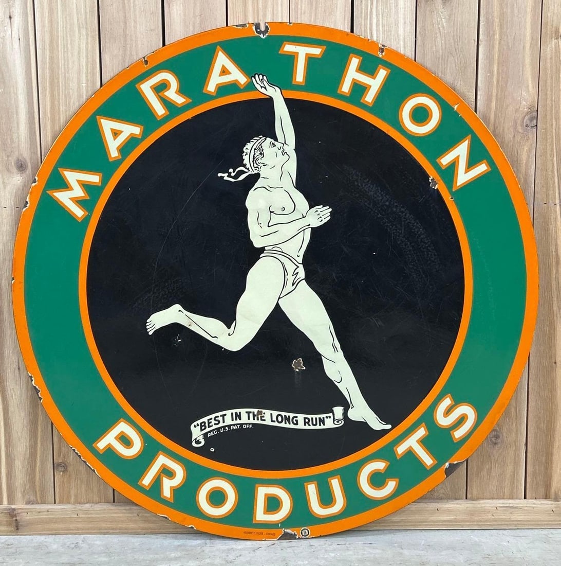 Marathon Products "Best in the Long Run" w/Logo Porcelain Sign (48) (TAC): rated 8.5, 48"D., The DSP sign has excellent color and gloss with a few chips and wear in the fields. Marked "Veribrite." Rarity 6. TAC #061428