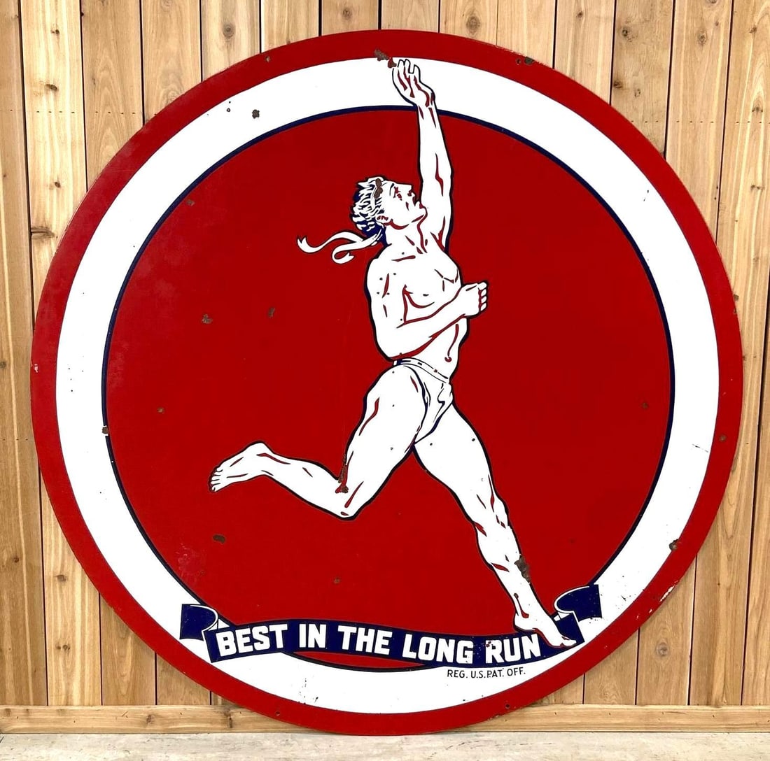 Marathon "Best In The Long Run" Station Identification Sign W/ Running Man Graphic: Rated 7.9, 72" dia. This DSP station identification sign has good color and shine with light fade in the red. Display has porcelain chips throughout the graphic. Reverse has less porcelain loss, but