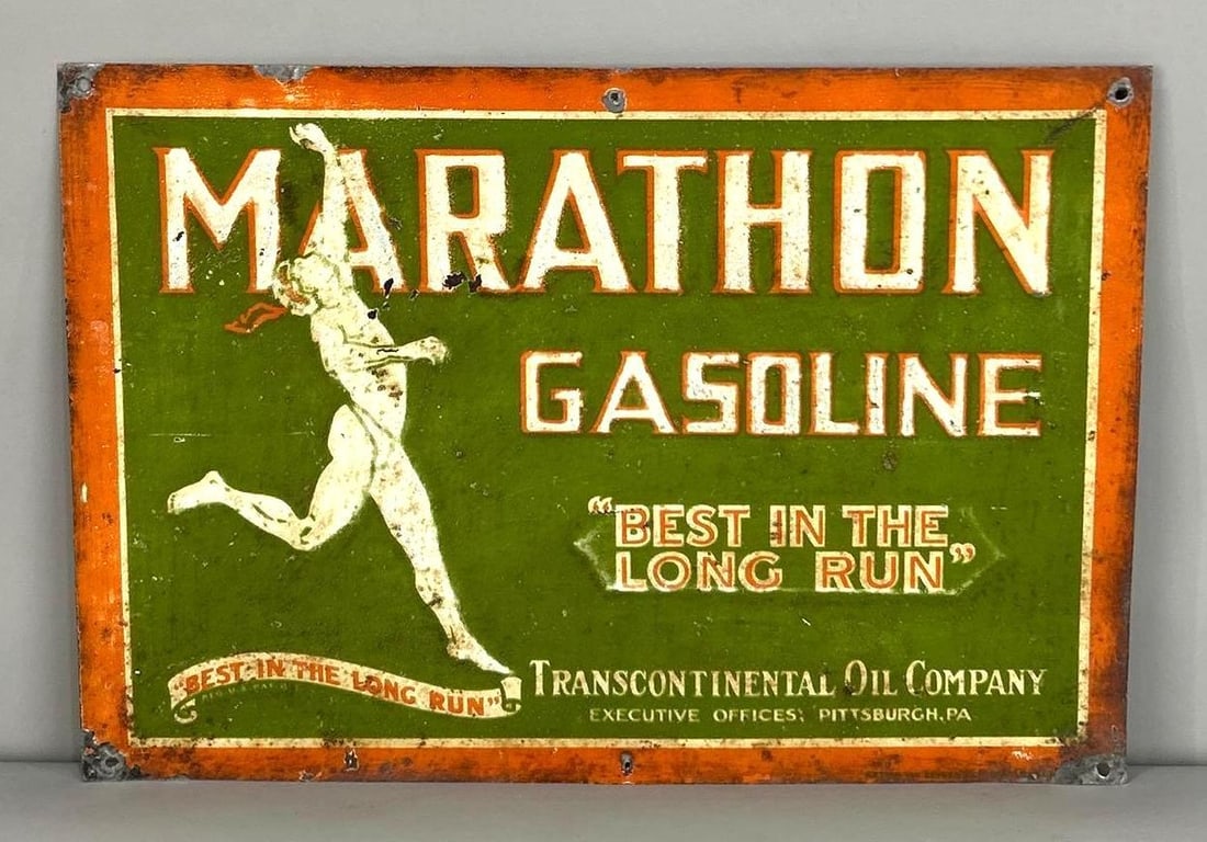 Marathon Gasoline Embossed Tin Sign W/ Running Man Graphic: Rated 6.9. 10" x 14". This SST sign has fair color and shine with minor pin point paint chips throughout the entirety if the piece. Outer edge shows paint loss and added holes. Rarity 4. TAC # 061923