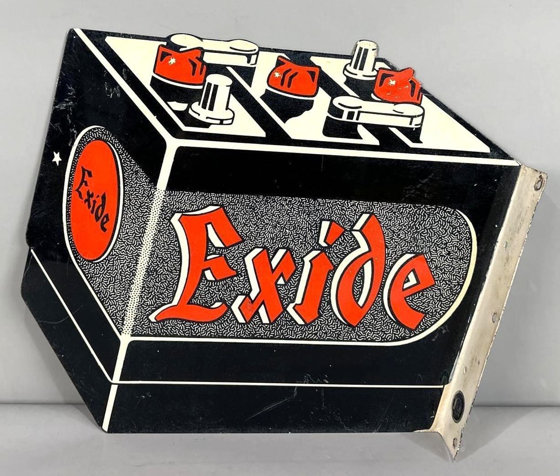 Exide Batteries Die-Cut Tin Sign W/ Three Prong Battery graphic (1 of 10)