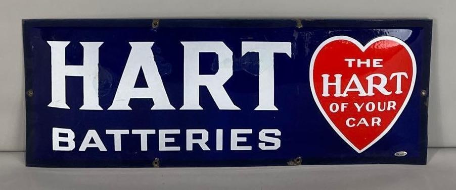 Hart Batteries Convex Porcelain Sign W/ Heart Graphic: (Rated 7.5). 9" x 24". This SSP sign has good color and gloss with multiple touched up porcelain chips in the field. Outer edge also has minor porcelain loss. Rarity 4. TAC # 013148.