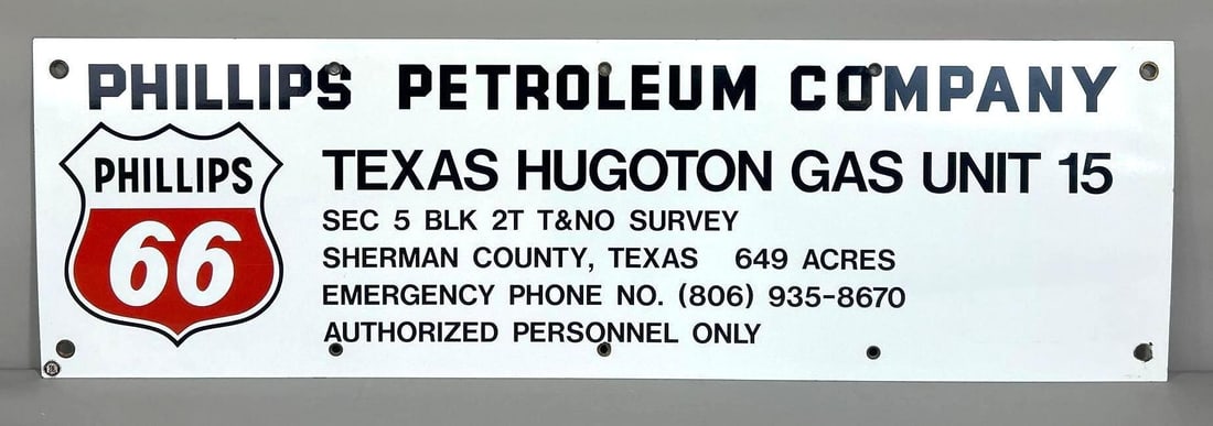 Phillips Petroleum Company w/Logo Porcelain Sign (TAC): rated 9.25, 17"x56". This SSP sign has excellent color and gloss. Rarity 3. TAC #061713