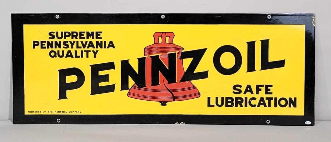 Pennzoil Safe Lubrication w/Red Bell Logo Porcelain Sign (TAC): rated 8.9, 15"x40". This SSP sign has good color and gloss with light wear and a few tiny chips in the field. Rarity 4. TAC #032330