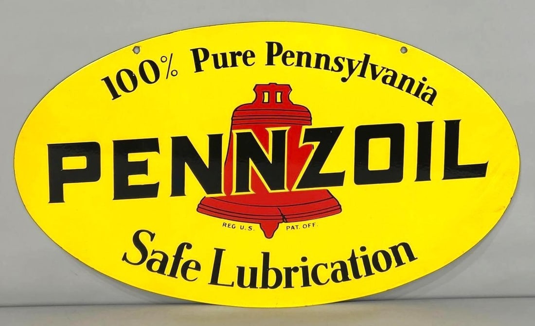 Pennzoil Safe Lubrication Double-Sided Porcelain Sign: (Rated 9.5, 9.5) 18" x 31". This DSP sign has perfect color and gloss throughout both sides. Display shows very light surface staining along the outer field. Reverse side also shows light