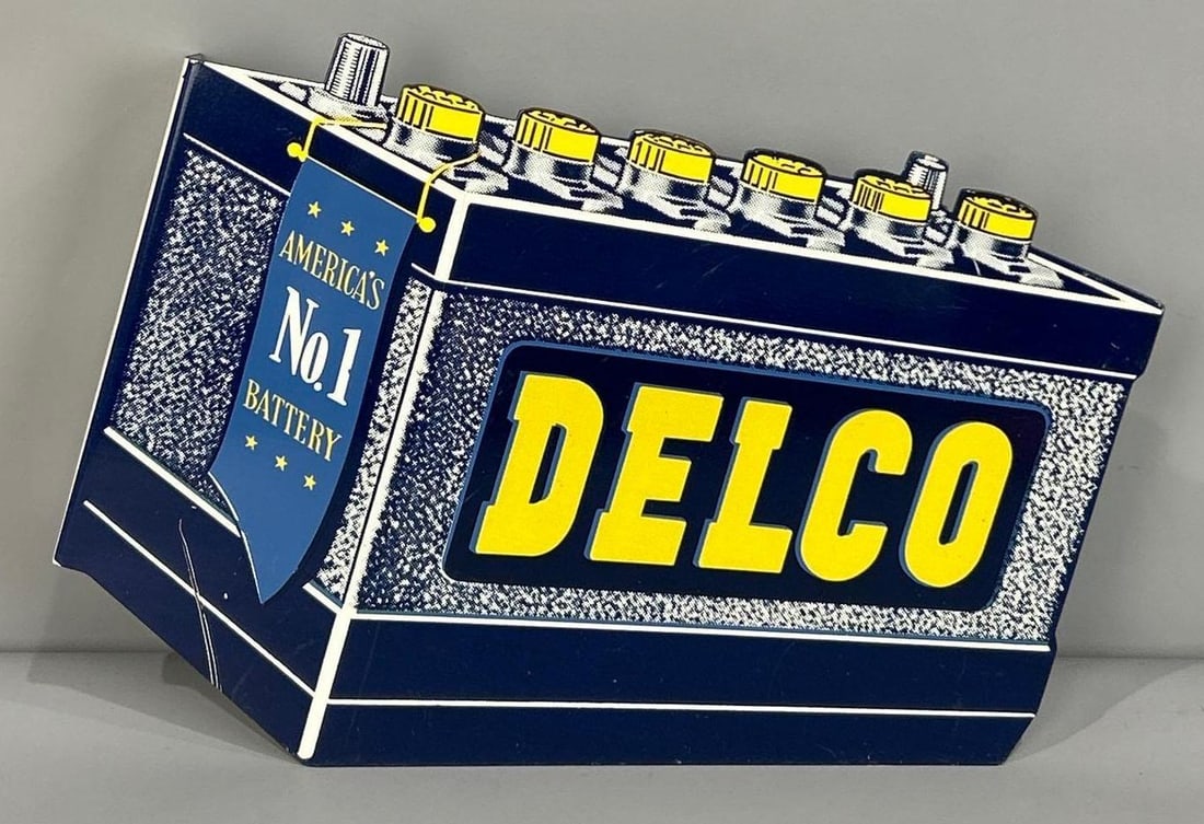 Exceptional (SMALL) Delco Batteries Die-Cut Tin Flange Sign (1 of 9)