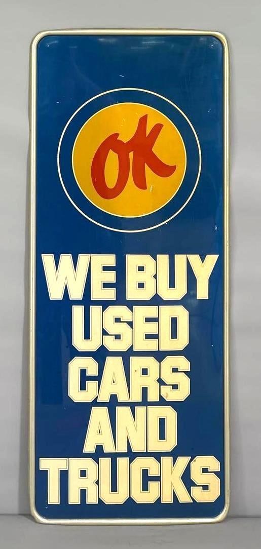 (Chevrolet) We Buy Used Cars and Trucks Metal Sign (TAC): rated 8.75, 47.25"x19.5", The SST self-framed vertical sign has good color with a couple minor dings and wear. Rarity 8. TAC #061364