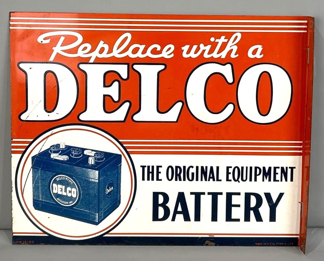 Delco Battery Painted Metal Flange Sign W/ 3 Volt Battery Graphic (1 of 7)