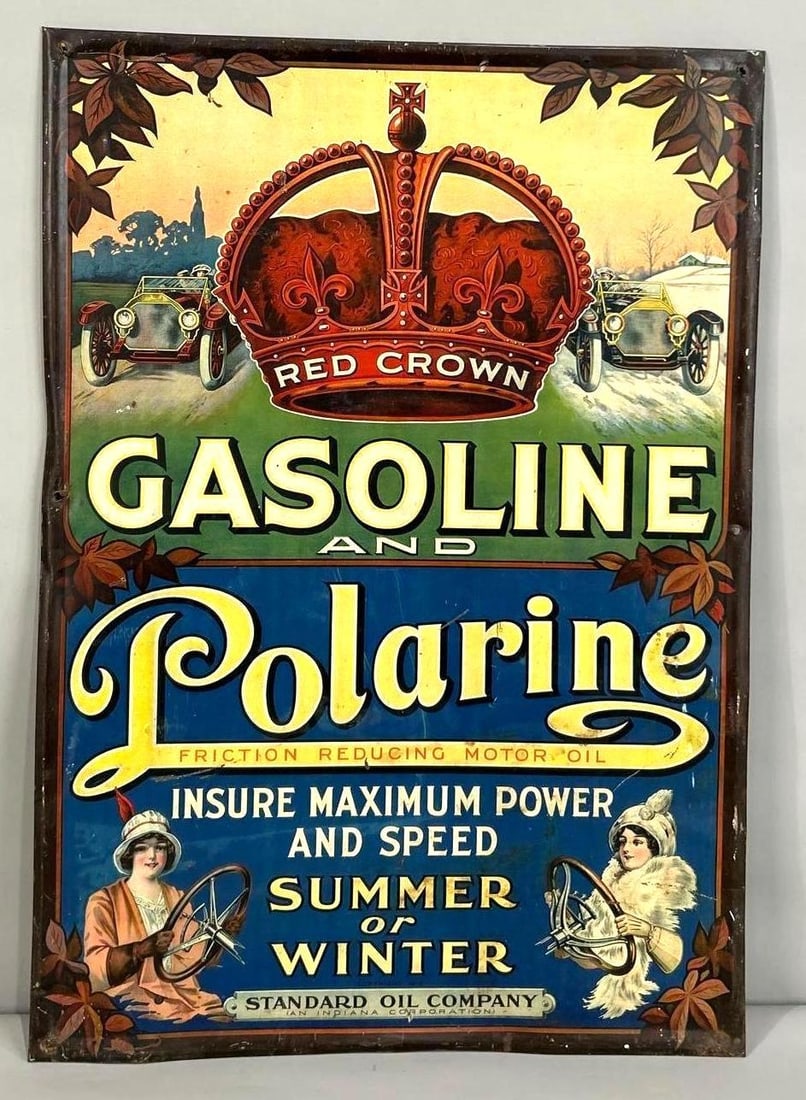 Rare Red Crown Gasoline & Polarine w/Ladies & Cars Metal Sign (TAC) (1 of 5)