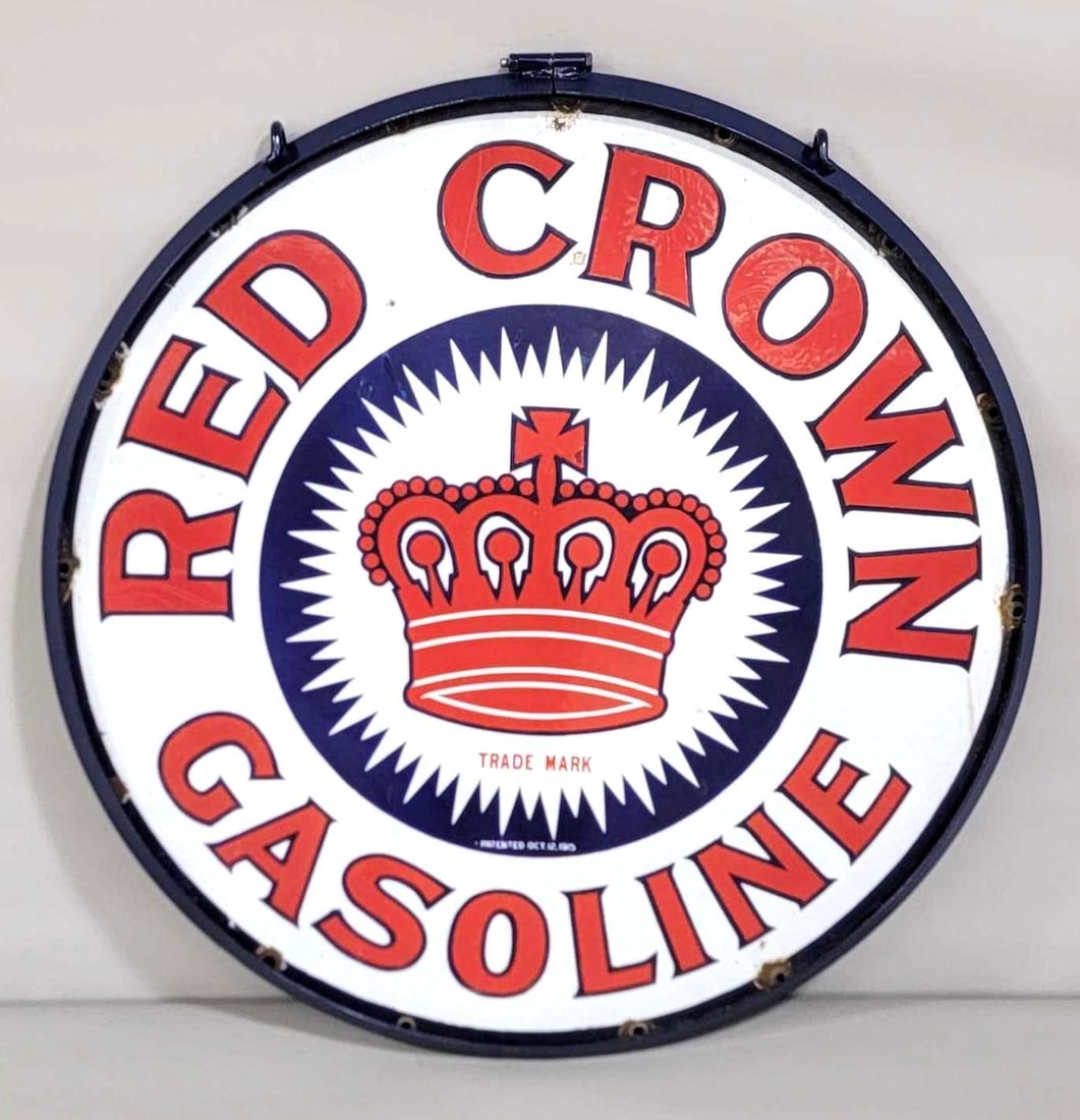 30" Red Crown Gasoline w/Logo Porcelain Sign (30)(TAC) (1 of 7)