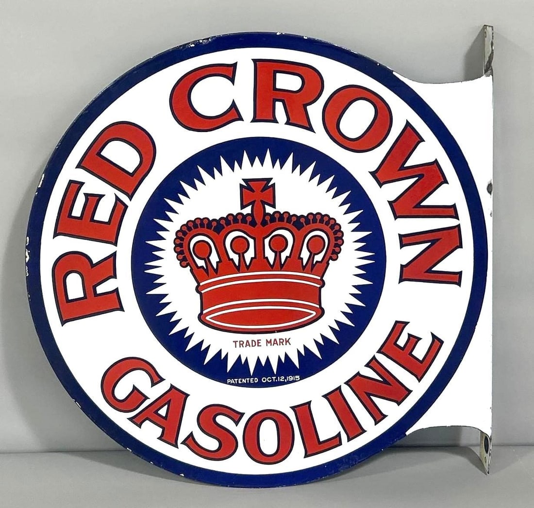 Red Crown Gasoline w/Logo Porcelain Flange Sign (TAC) (1 of 9)