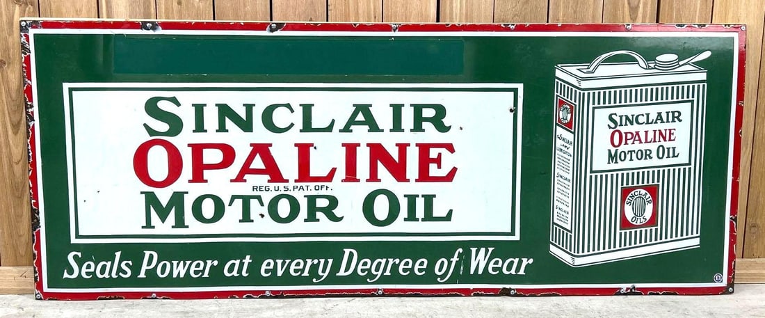 "Large" Sinclair Opaline Motor Oil w/Flat Can & Privilege Panel Porcelain Sign (TAC): rated 8.5, 28"x72", the SSP sign has good color and gloss with a few small chips and areas of wear. Sign has larger chips around the perimeter. Sign is hard to find especially in this condition.