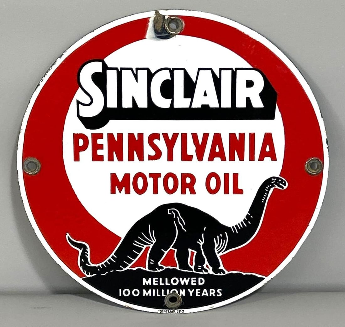 Sinclair Pennsylvania Motor Oil w/Black Dinosaur Porcelain Sign (11)(TAC) (1 of 5)