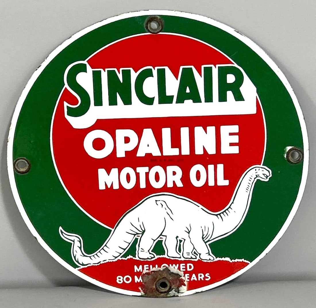 Sinclair Opaline Motor Oil w/White Dinosaurs Porcelain Sign (11)(TAC) (1 of 5)