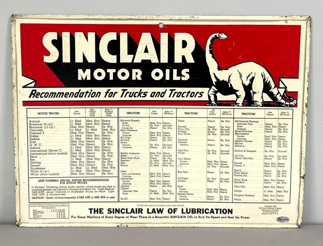 Sinclair Motor Oils Recommendation Chart W/ Early Dino Graphic (1 of 6)