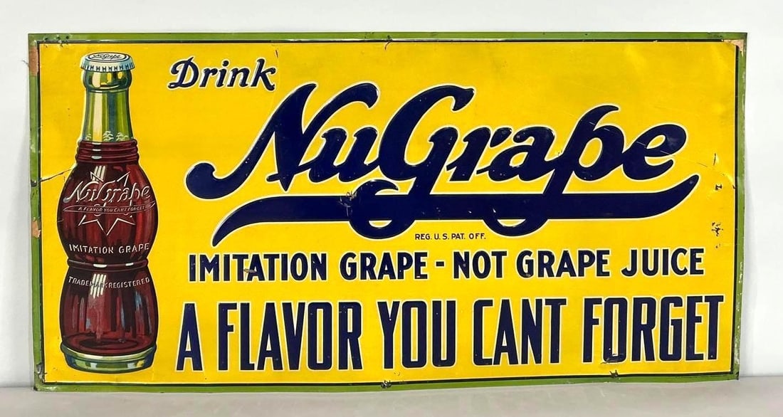 Drink NuGrape Embossed Tin Sign W/ Early Bottle Graphic (1 of 5)