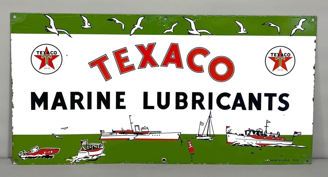 Texaco (white-T) Marine Lubricants w/Ships Logo Porcelain Sign (TAC): rated 8.5, 15"x30", the SSP sign has good color and gloss with a few small touched up chips. Dated 1957, Rarity 7, TAC #058300