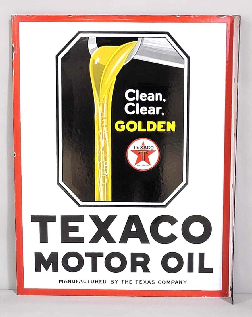 "NICE!" Texaco Motor Oil "Clean, Clear Golden" Porcelain Flange Sign (TAC) (1 of 9)