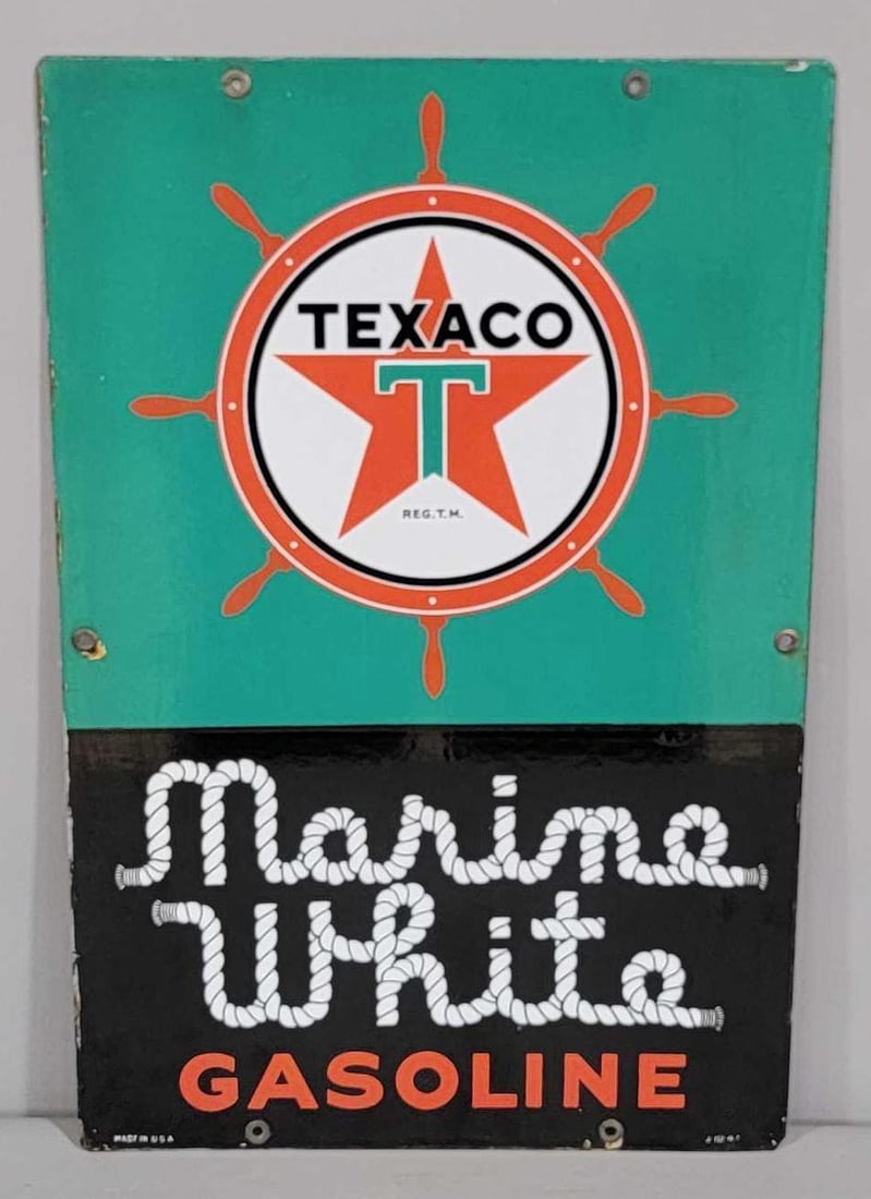 Texaco (white-T) Marine White Gasoline w/Ship's Wheel Porcelain Sign (TAC) (1 of 5)