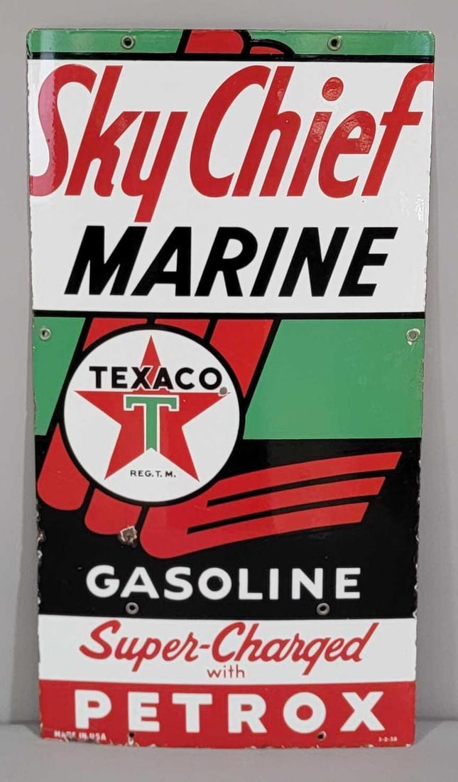 Texaco (white-T) Marine Sky Chief Gasoline w/Petrox Porcelain Pump Sign (TAC) (1 of 4)
