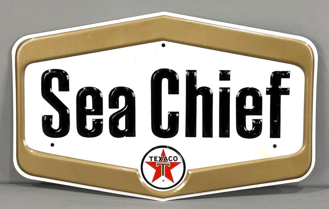 Texaco (new logo) Sea Chief Metal Sign (TAC): rated 8.9, 9.75"x15.25", SST diecut embossed pump sign has very good color and shine, has light wear. TAC #047096