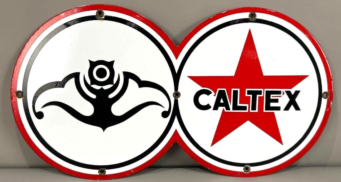 Caltex Porcelain 8-Ball Sign W/ Star Logo: Rated 9. 7.75" x 14.25". This SSP sign has admirable color and gloss with only light porcelain loss on the outer edge. Rarity 4. TAC #046070.