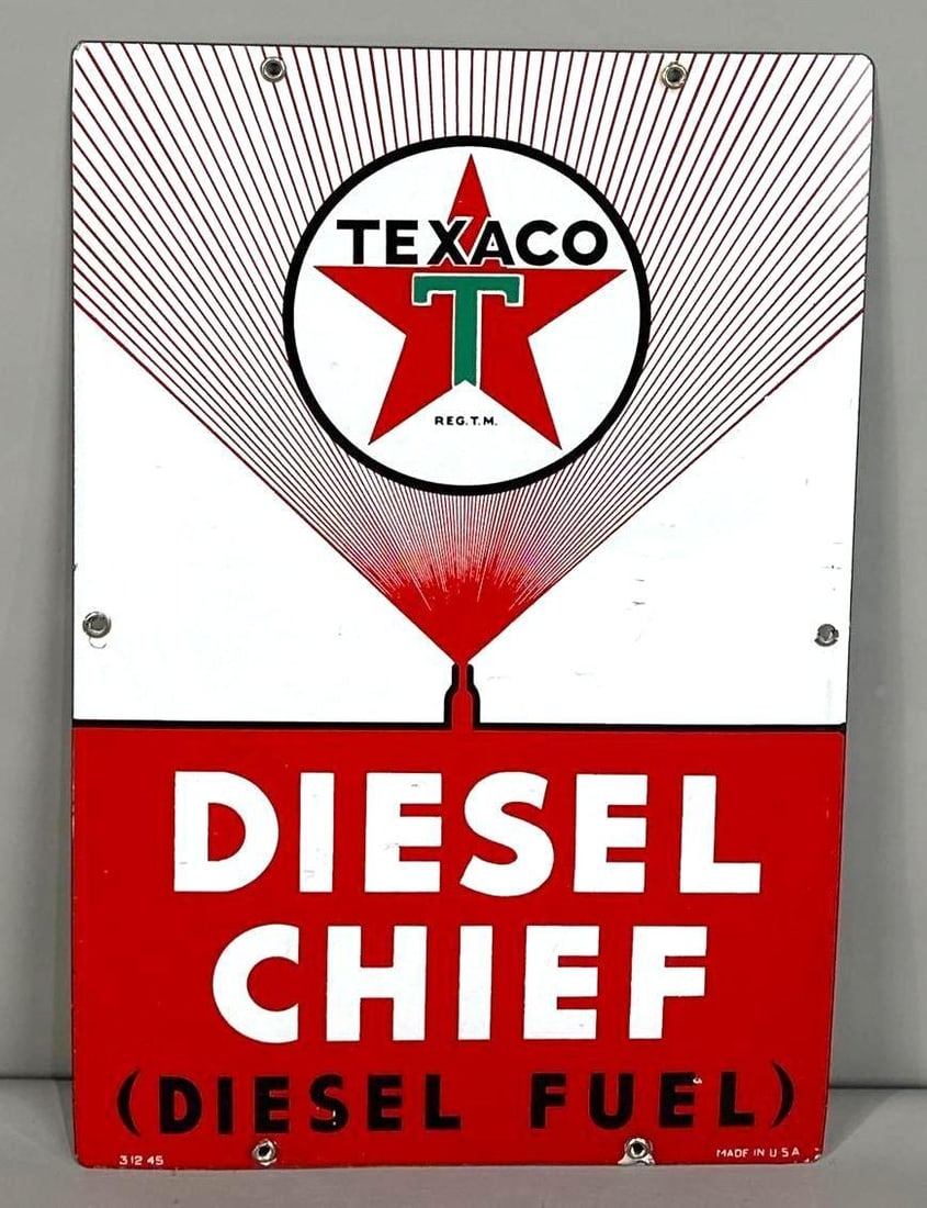 Texaco Diesel Chief Porcelain Pump Plate Sign W/ White "T" Logo (1 of 4)