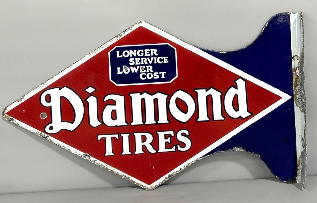 Diamond Tires "Longer Service Lower Cost" Porcelain Flange Sign (TAC) (1 of 9)