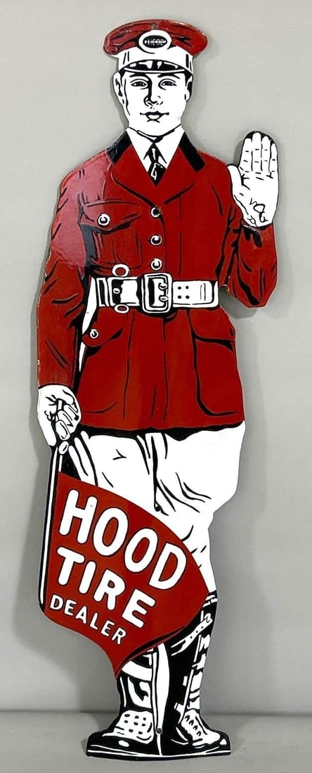 Hood Tire Dealer w/Flag Man Porcelain Sign (small) (restored): 36"x11". This SSP sign has been restored.