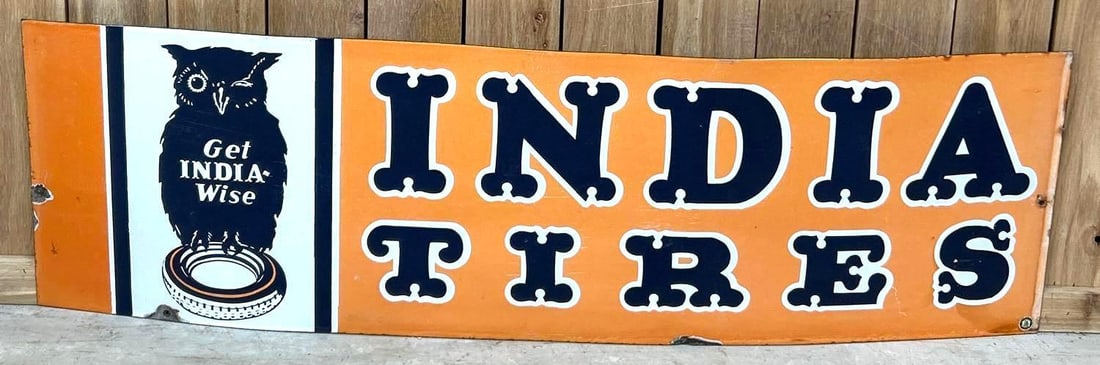 India Tires Single-Sided Porcelain Sign W/ Owl Graphic (1 of 5)