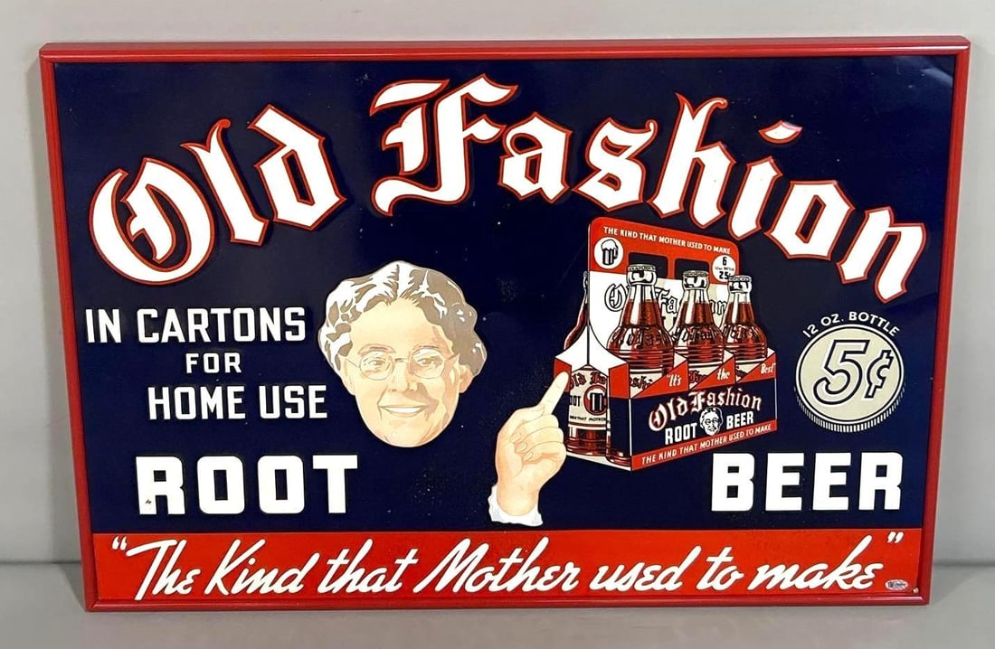 Old Fashion Root Beer W/ 6 Pack Graphic (TAC): Rated 8.5. 18.25'x26.75". This SST embossed sign has good color and shine with notable bubbling paint on the inner and outer fields. Paint is stable. Sign has been framed. TAC #032314