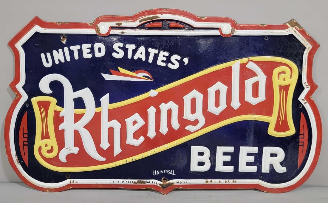 United States Rheingold Beer Porcelain Sign (TAC): rated 7, 21"x31.5". This SSP embossed die-cut sign has good color and some gloss. Sign shows scratches,and staining in the lower right-hand corner. Marked, "Universal". Rarity 7. TAC #061649