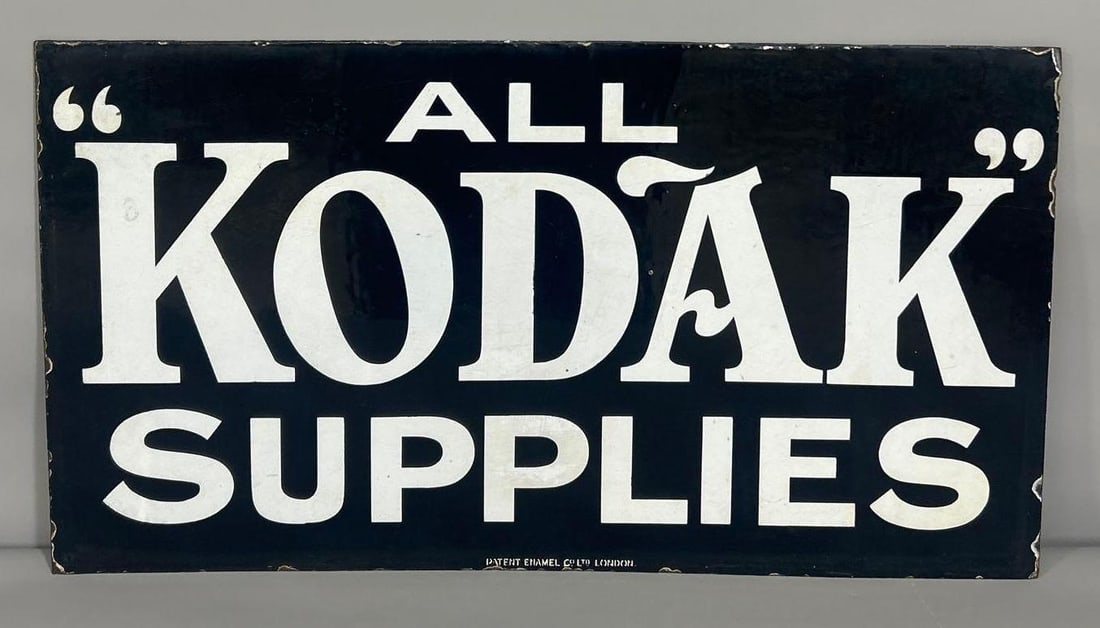 All Kodak Supplies Porcelain Sign (TAC): rated 8.75, 15"x27.5". The DSP sign has good color and gloss with light wear and a few small chips. Marked, "Patent Enamel". Rarity 8. TAC #032326