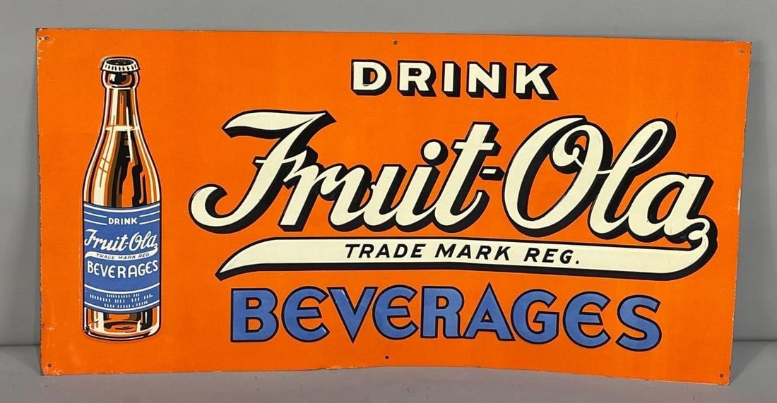 Fruit-Ola Beverages Embossed Tin Sign W/ Bottle Graphic. (1 of 4)