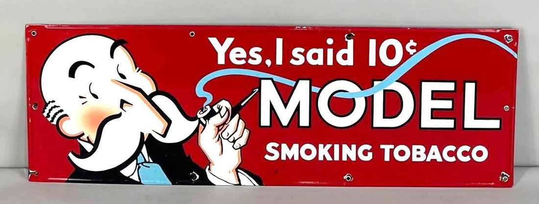 Model Smoking Tobacco Porcelain Sign: Rated 8.9. 11.5" x 34". This SSP sign has perfect color and gloss with porcelain loss at the hanging holes and on the outer edge. Rarity 3. TAC # 062083.