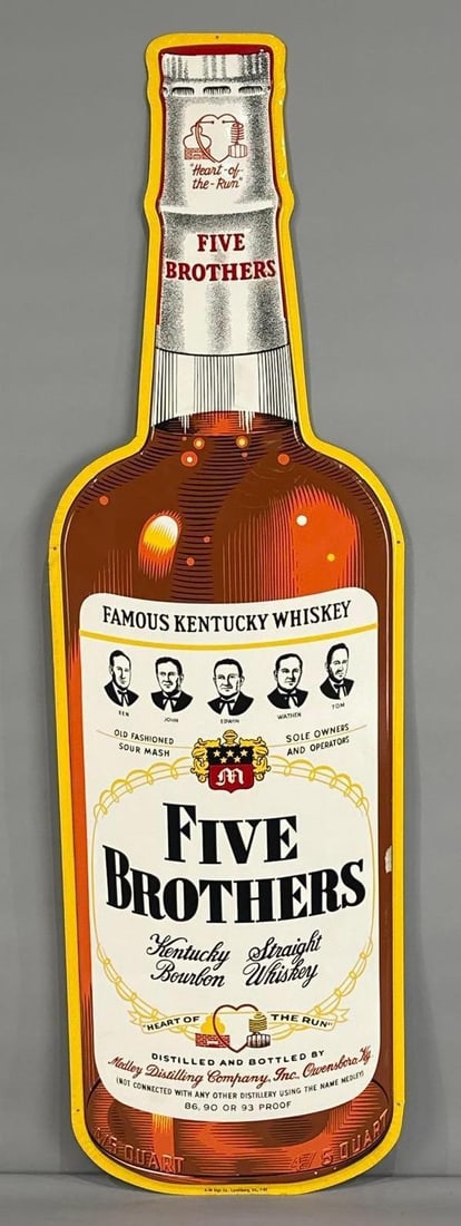 NOS Five Brothers Whiskey Die-Cut Tin Sign (1 of 4)