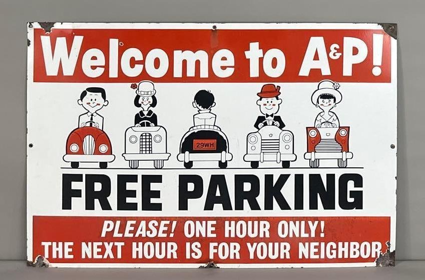 A & P Groceries Free Parking Single-Sided Porcelain Sign (1 of 4)