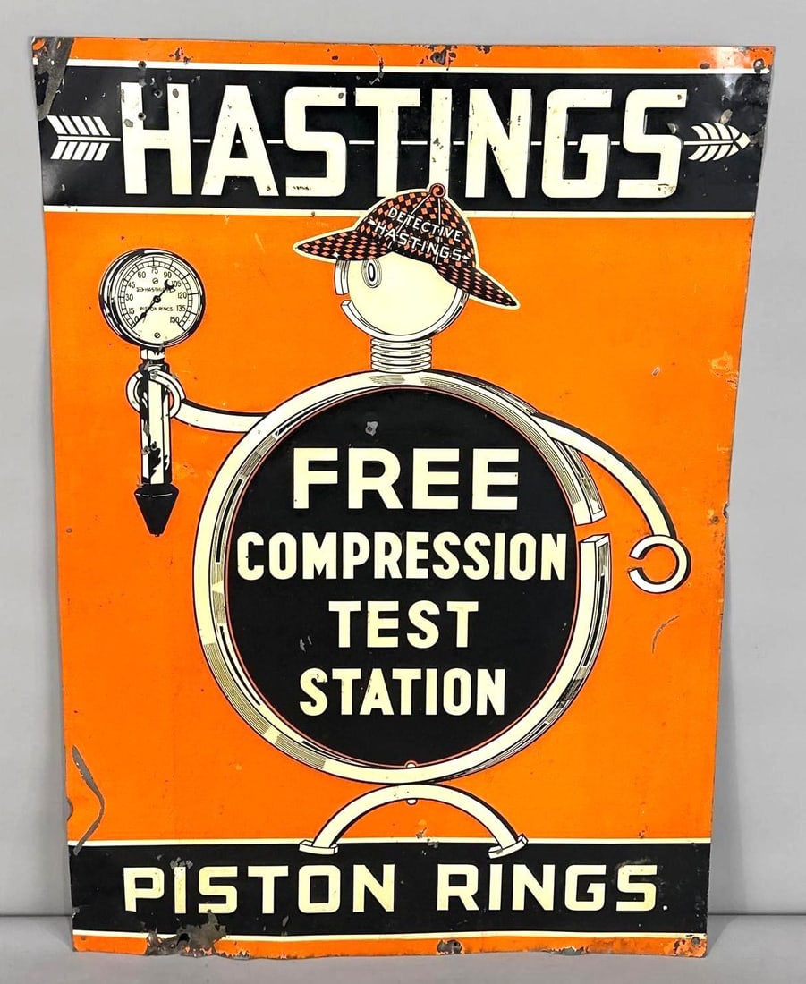 Hastings Piston Rings Embossed Tin Sign W/ Compression Inspector Graphic (1 of 4)