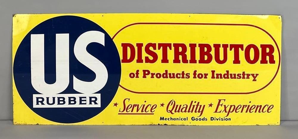 US Rubber Single -Sided Painted Metal Sign W/ Logo Graphic: Rated 8.9. 22.5" x 44.75". This SST sign has excellent color and gloss with light surface staining and scratching in both fields. The outer edge shows minor bends at the corners and notable paint
