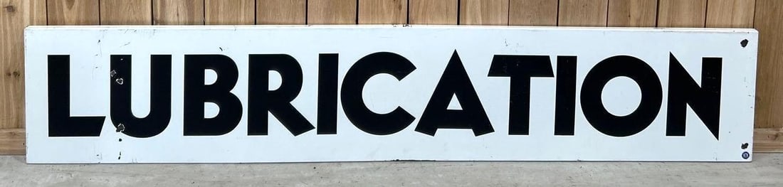 (Hancock) Lubrication Porcelain Sign (TAC): rated 8.75, 15"x80", the SSP rolled edge sign has good color and gloss, has extra holes drilled at each end. Rarity 7. TAC #062644