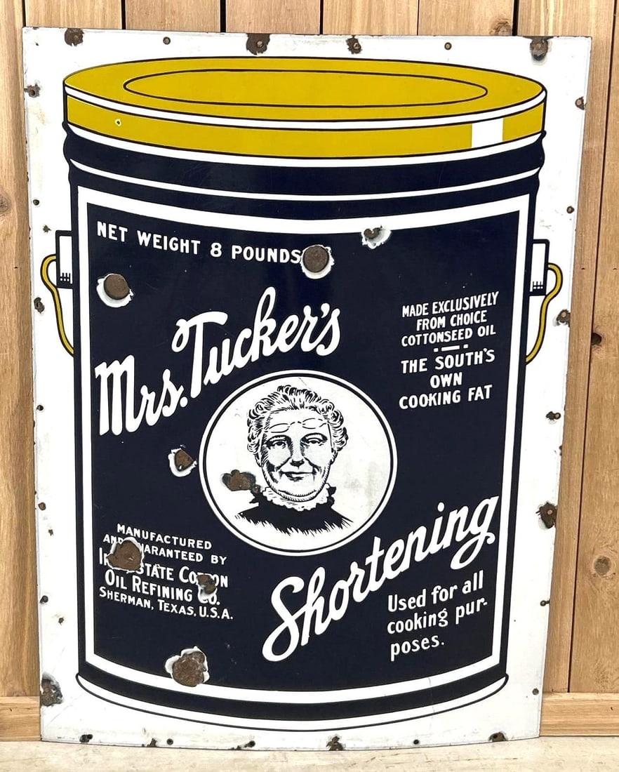 Mrs. Tucker's Shortening w/Image Porcelain Sign (TAC): rated 8, 45"x32.5", the SSP sign has good color and gloss, has several large chips and wear in the field. Rarity 6. TAC #062732