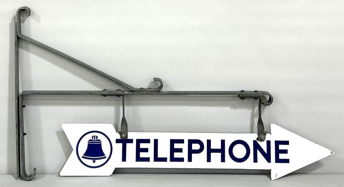 Telephone w/Logo Porcelain Arrow Sign w/Bracket (TAC) (1 of 7)