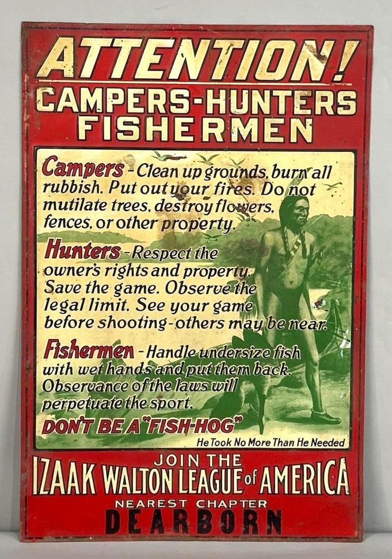 Attention Campers-Hunters-Fisherman Embossed Tin Sign W/ Native American Graphic (1 of 5)