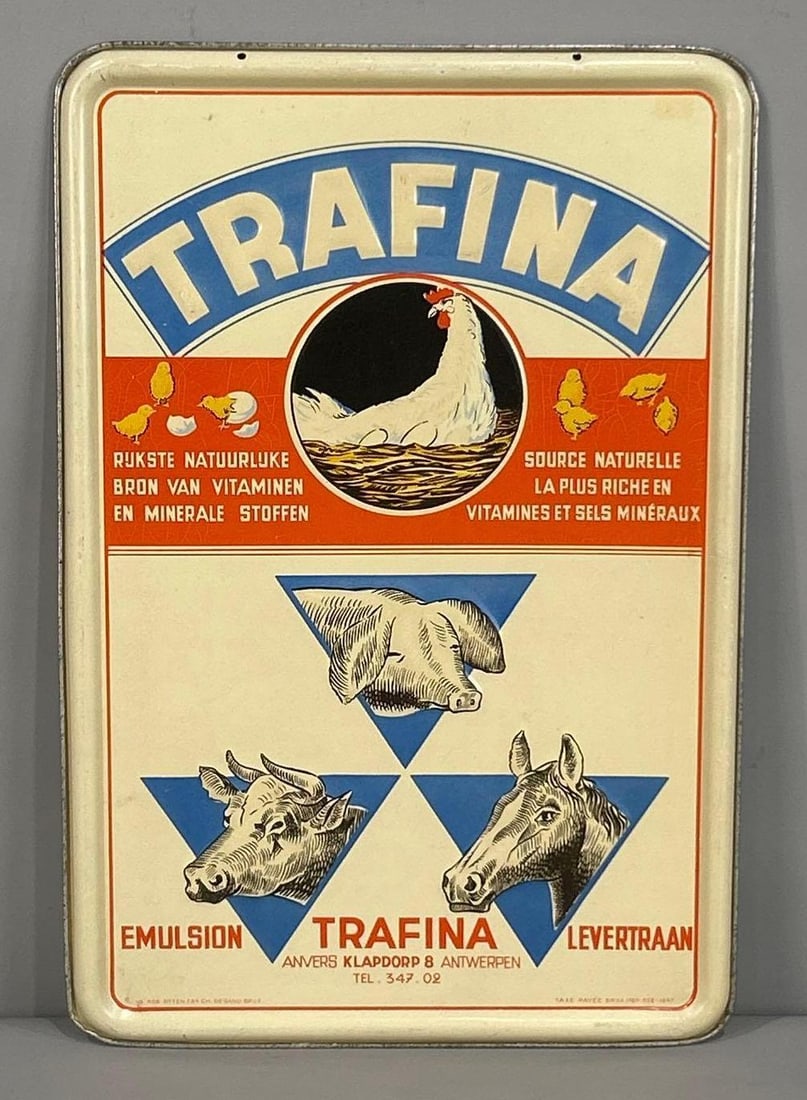 Trafina w/Farm Animals Metal Sign (TAC): rated 9, 14"x9.5", the SST embossed sign has good color and shine, nice, dated 1947. TAC #062708